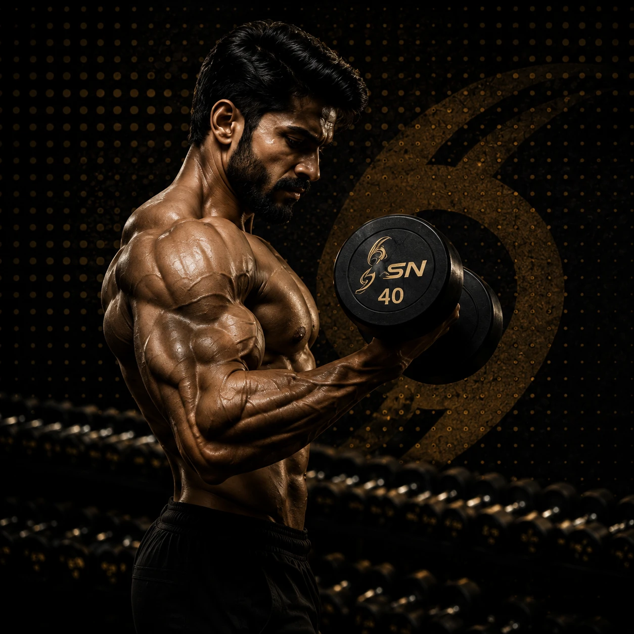 SSN GOLD athlete curling an SSN branded dumbbell